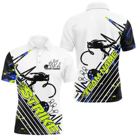 Maxcorners Custom Blue And Green Camo Strike Bowling Polo Shirt For Men, Bowling Heartbeat Pulse Line TU0506