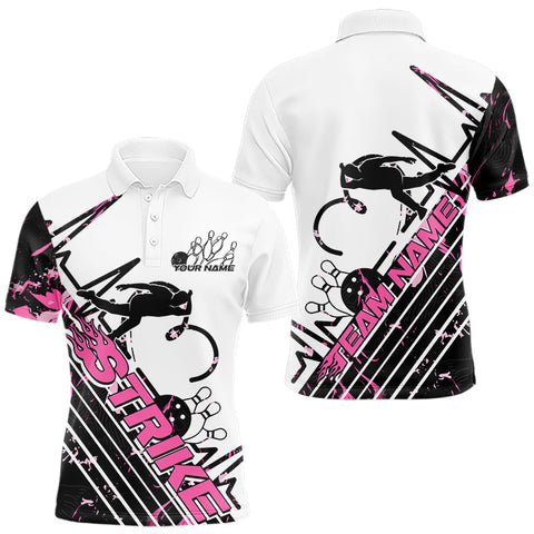 Maxcorners Custom Black And Pink Camo Strike Bowling Polo Shirt For Men, Bowling Heartbeat Pulse Line TU0506