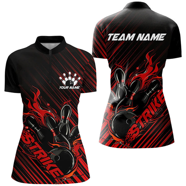 Maxcorners Custom Black And Red Flame Bowling Shirts, Strike Bowling Team Shirts Outfit Bowling