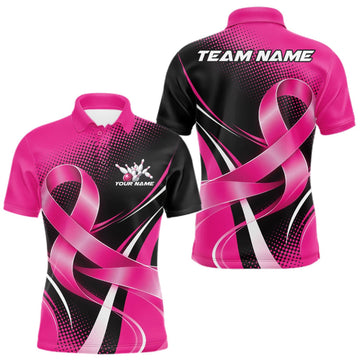 Maxcorners Custom Black And Pink Ribbon Breast Cancer Bowling Team Men Polo Shirt, Bowling Jersey LM0409