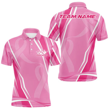 Maxcorners Custom Pink Ribbon Breast Cancer Awareness Bowling Team Men Polo Shirt LM0409