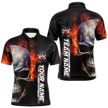 Maxcorners Custom Flame Skull American Michigan Flag Men Bowling Team Shirt, Patriotic Bowling Jersey LM2901