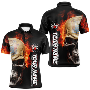 Maxcorners Custom Flame Skull American New Jersey Flag Men Bowling Shirt, Patriotic Bowling Shirt LM2901