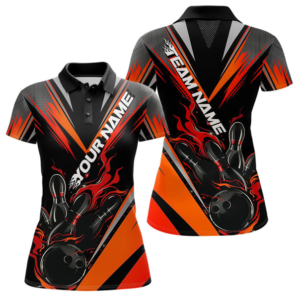 Maxcorners Custom Black And Red Flame Bowling Men Polo Shirts, Fire Bowling Tournament Team Outfits