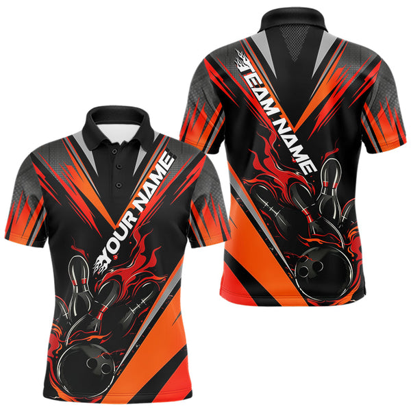 Maxcorners Custom Black And Red Flame Bowling Men Polo Shirts, Fire Bowling Tournament Team Outfits