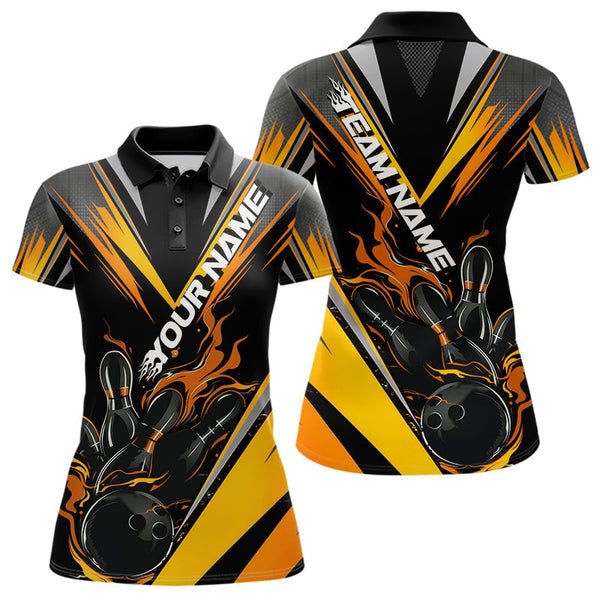 Maxcorners Custom Black And Yellow Flame Bowling Men Polo Shirts, Fire Bowling Tournament Team Outfits