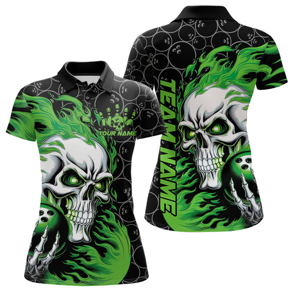 Maxcorners Custom Black And Green Flame Skull Bowling Men Polo Shirts, Skull Halloween Bowling Outfit