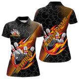 Maxcorners Custom Black And Red Orange Flame Strike Bowling Men Polo Shirts, Bowling Ball Pattern Shirt