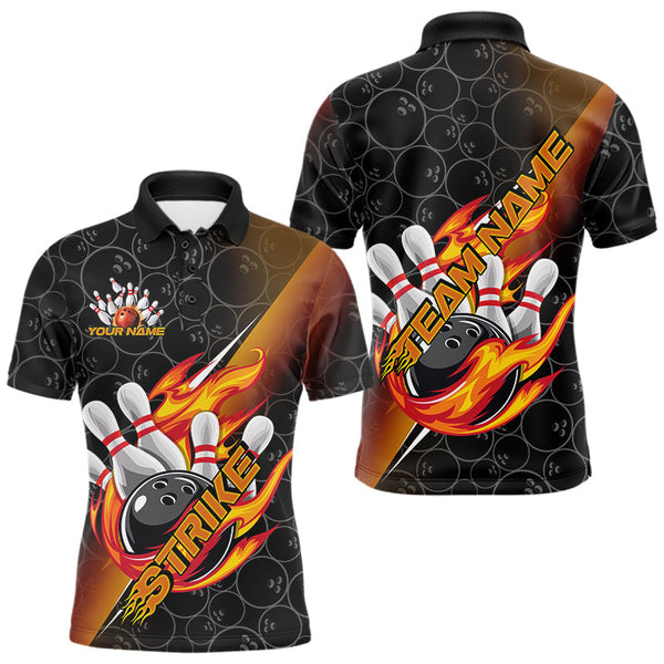 Maxcorners Custom Black And Red Orange Flame Strike Bowling Men Polo Shirts, Bowling Ball Pattern Shirt