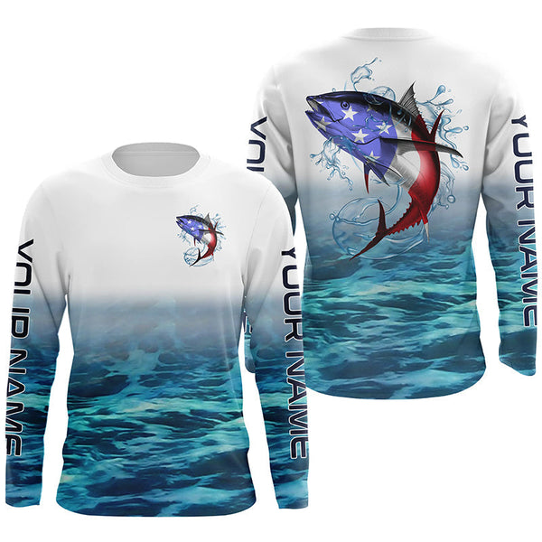 Maxcorners American Flag Tuna Long Sleeve Fishing Shirts, Custom Patriotic Tuna Tournament Fishing Shirts LM2408