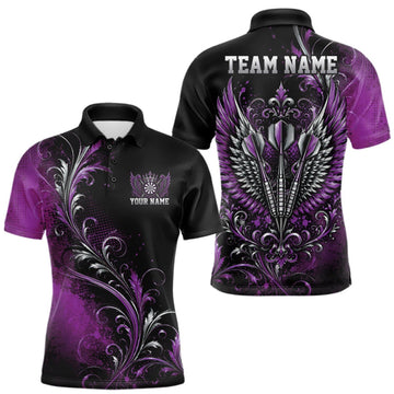 Maxcorners Custom Black And Purple Floral Darts With Wings Men Polo Shirt, Dart Team Jersey LM0409