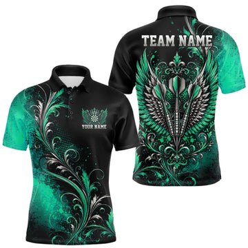 Maxcorners Custom Black And Green Floral Darts With Wings Men Polo Shirt, Dart Team Jersey LM0409