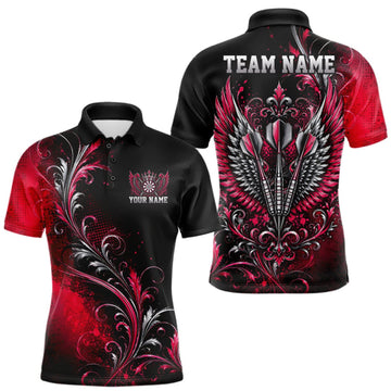 Maxcorners Custom Black And Red Floral Darts With Wings Men Polo Shirt, Dart Team Jersey LM0409