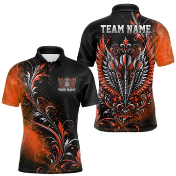Maxcorners Custom Black And Orange Floral Darts With Wings Men Polo Shirt, Dart Team Jersey LM0409