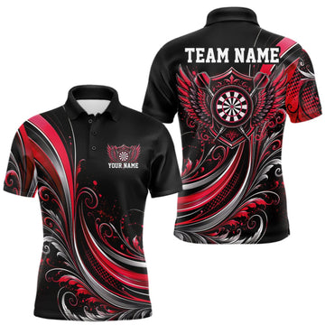 Maxcorners Custom Red Swirls Crossed Darts And Dartboard Crest With Wings Men Polo Dart Shirt LM0409