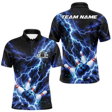 Maxcorners Custom Blue Lightning Bowling Team Men Polo Shirt, Bowling Tournament Jerseys LM0410