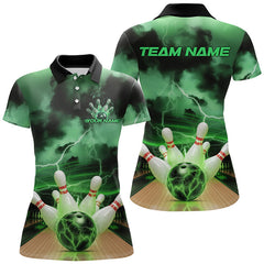 Maxcorners Green Thunder Lightning Custom Bowling Polo Shirts For Women, Bowling League Shirt Outfits