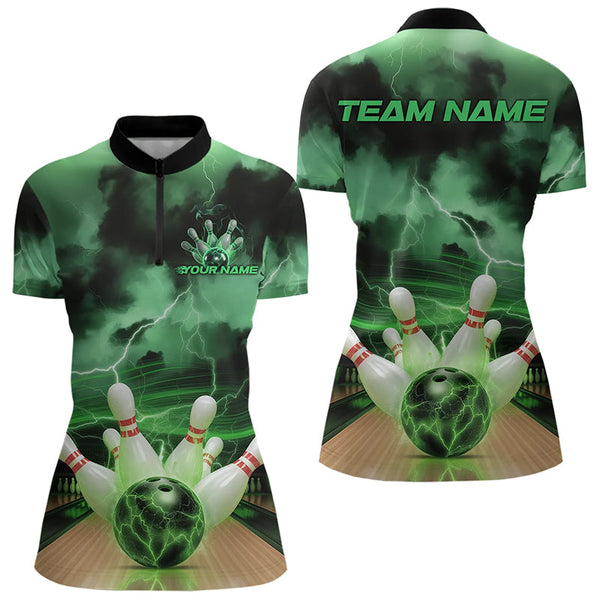 Maxcorners Green Thunder Lightning Custom Bowling Polo Shirts For Women, Bowling League Shirt Outfits