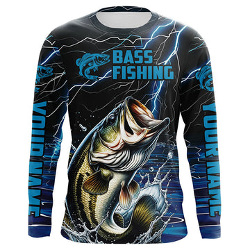 Maxcorners Blue Thunder Lightning Custom Bass Long Sleeve Tournament Fishing Shirts, Bass Fishing Jerseys LM0201