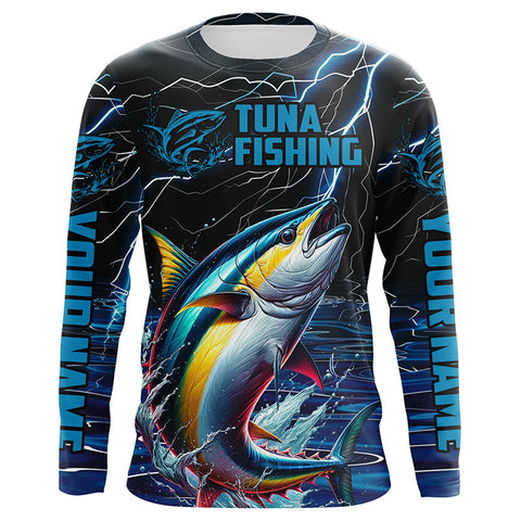 Maxcorners Blue Lightning Custom Yellowfin Tuna Long Sleeve Saltwater Fishing Shirts, Tuna Fishing Jerseys LM2408
