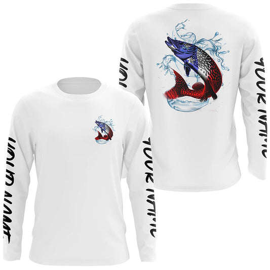 Maxcorners Personalized American Flag Northern Pike Fishing Shirts, Patriotic Pike Long Sleeve Fishing Shirts LM0501