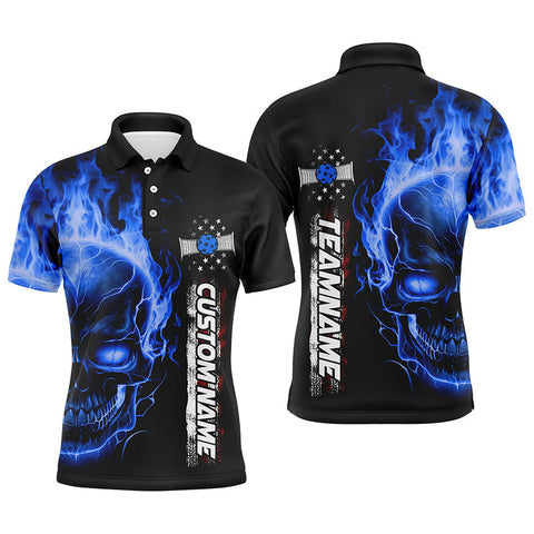 MaxCorners Pickleball Blue Flame Skull American  Customized Name, Team Name 3D Polo Shirt For Men