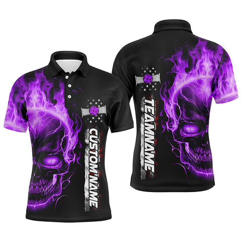 MaxCorners Pickleball Purple Flame Skull American  Customized Name, Team Name 3D Polo Shirt For Men