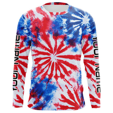 Maxcorners Red, White And Blue Tie Dye Custom Patriotic Long Sleeve Fishing Shirts, Performance Fishing Shirts 1 LM0201