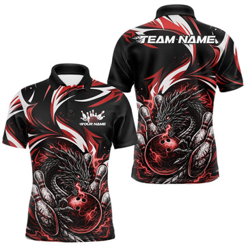 Maxcorners Custom Red Lightning Dragon Bowling Men Polo Shirts, Dragon Bowling League Shirt