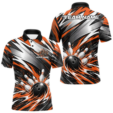 Maxcorners Custom Black And Orange Flame Bowling Jersey, Bowling Polo Team Shirt For Men LM0410