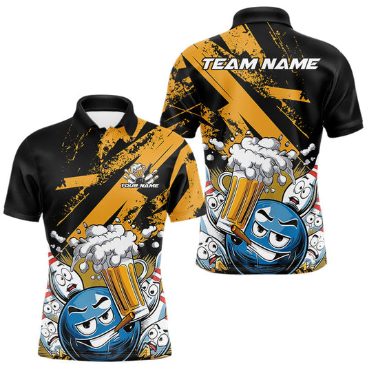 Maxcorners Custom Funny Cool Bowling Ball Bowling And Beer Men Polo Shirts, Grunge Bowling Uniform LM0803