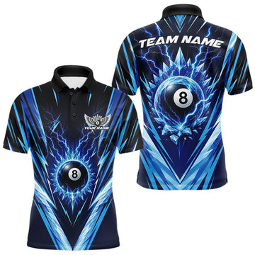 Maxcorners Custom Blue Icy Lightning 8 Ball Billiards Men Polo Shirt, Billiards Team Jerseys