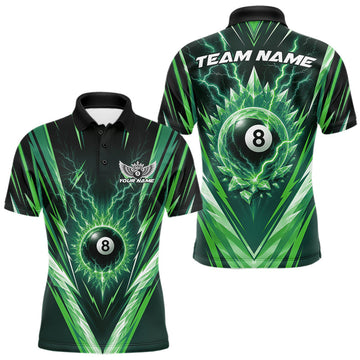Maxcorners Custom Green Icy Lightning 8 Ball Billiards Men Polo Shirt, Billiards Team Jerseys
