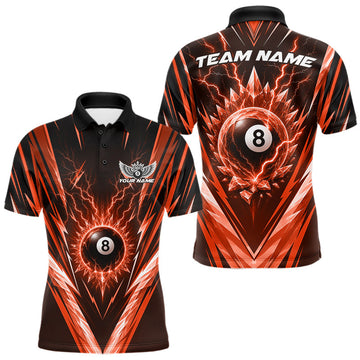 Maxcorners Custom Orange Icy Lightning 8 Ball Billiards Men Polo Shirt, Billiards Team Jerseys