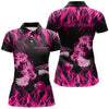 Maxcorners Custom Black And Pink Flame Eagle Bowling Team Men Polo Shirts, Eagle Bowling League Shirt 