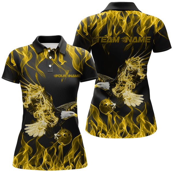 Maxcorners Custom Black And Yellow Flame Eagle Bowling Team Men Polo Shirts, Eagle Bowling League Shirt