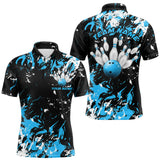 Maxcorners Black, Blue And White Custom Bowling Team Men Polo Shirts, Bowling Ball And Pin Jerseys