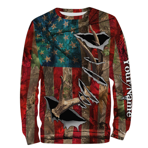 Maxcorners Custom Name American Flag Deer Horn Shirt 3D All Over Printed Clothes