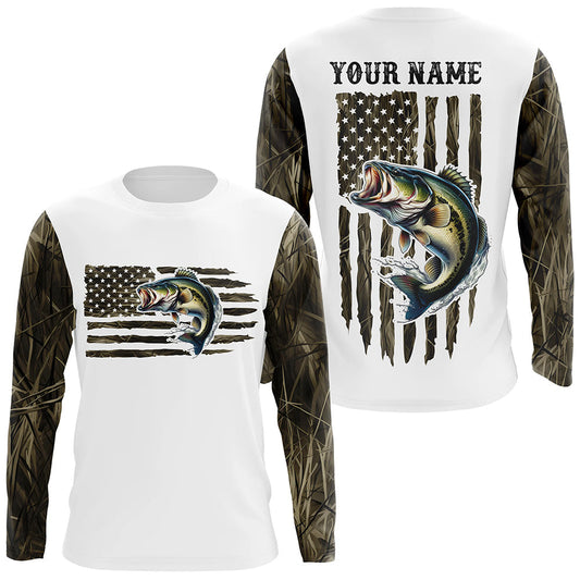 Maxcorners Personalized American Flag Bass Long Sleeve Fishing Camo Shirts, Patriotic Bass Fishing Jersey LM0501
