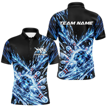 Maxcorners Icy Blue Custom Crystal Ice Bowling Team Men Polo Shirt, Bowling Tournament Jersey
