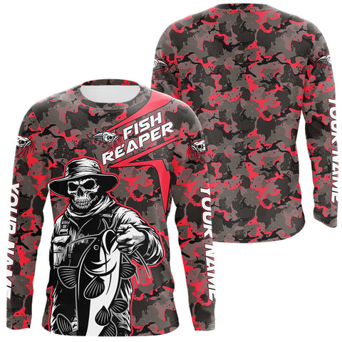 Maxcorners Custom Red Camouflage Catfish Fish Reaper Long Sleeve Tournament Fishing Shirts LM0607