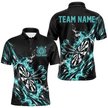 Maxcorners Custom Black And Turquoise Flame Dartboard Dart Team Men Polo Shirt, Dart Jersey