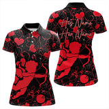 Maxcorners Black And Red Custom Valentines Day Bowling Polo Shirts, Bowling Couple Shirt