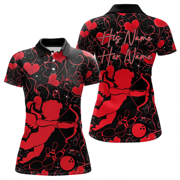Maxcorners Black And Red Custom Valentines Day Bowling Polo Shirts, Bowling Couple Shirt