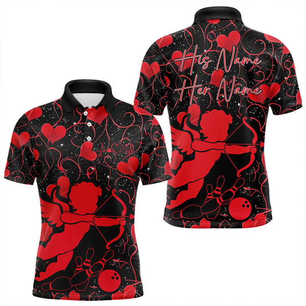 Maxcorners Black And Red Custom Valentines Day Bowling Polo Shirts, Bowling Couple Shirt