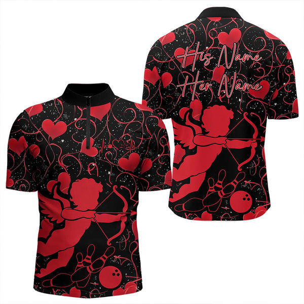 Maxcorners Black And Red Custom Valentines Day Bowling Polo Shirts, Bowling Couple Shirt