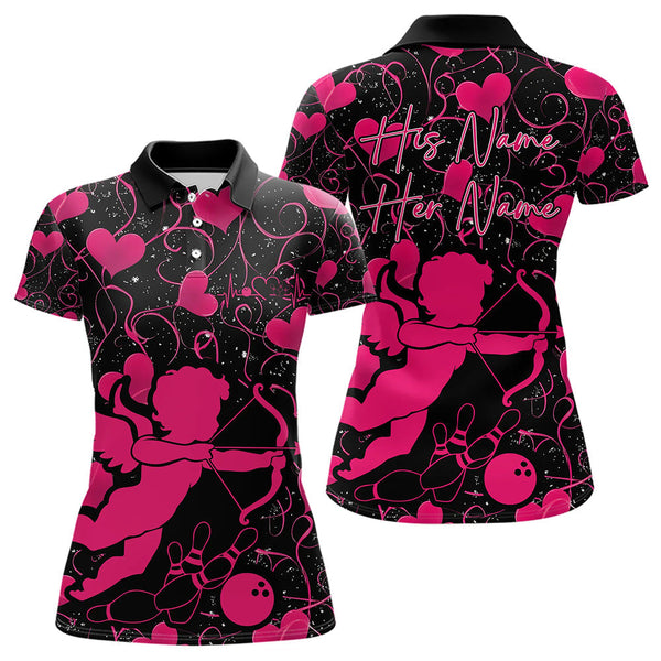 Maxcorners Black And Pink Custom Valentines Day Bowling Polo Shirts, Bowling Couple Shirt