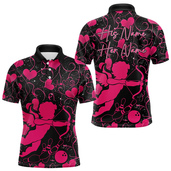 Maxcorners Black And Pink Custom Valentines Day Bowling Polo Shirts, Bowling Couple Shirt