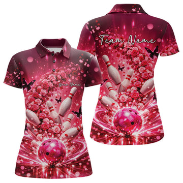 Custom Pink Roses And Butterfly Women Bowling Shirt, Flower Ladies Bowling Jerseys LM1203
