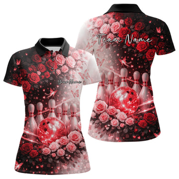 Custom Dreamy Red Roses And Butterfly Women Bowling Polo Shirt, Ladies Bowling Shirt LM1203
